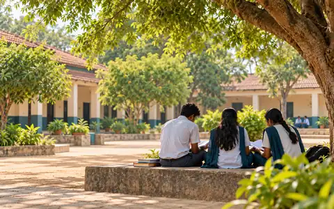 Students studying and walking together in a sunlit school campus courtyard