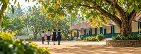 A small-town school campus courtyard with students, books and trees in warm light