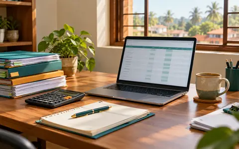A finance office desk with a calculator, stacked files, a laptop and a cup of tea