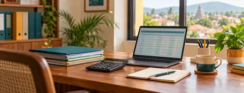 A tidy accountant's desk with files, calculator and laptop in warm light
