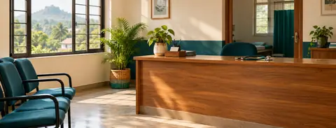 A bright, tidy clinic reception area with soft window light