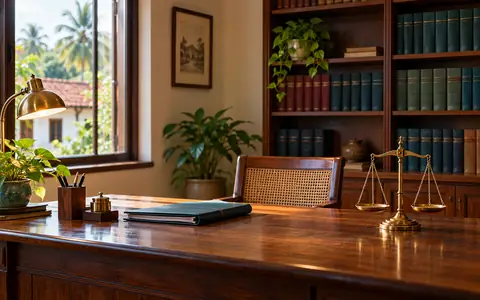 A lawyer's chambers with a bookshelf, wooden desk, closed file and brass scales of justice