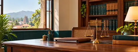 A dignified law office with shelves of bound books and a lamp-lit desk