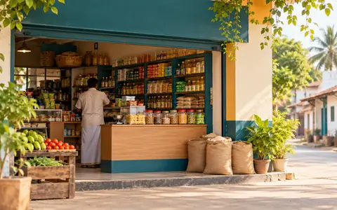 A neat local shop with open shutters and shelves of goods