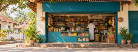 A neighbourhood shopfront in a small Indian town with stocked shelves and a shopkeeper