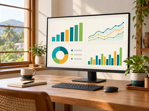 A monitor showing a dashboard of bar, line and donut charts on a tidy desk with a plant