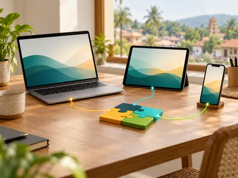 A laptop, tablet and phone linked by glowing lines, with puzzle blocks fitting together