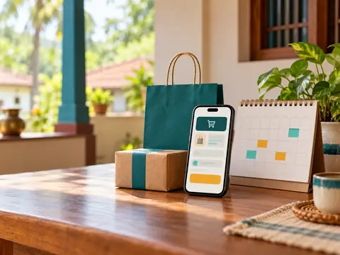 A parcel and shopping bag beside a phone checkout screen and a wall calendar with booked slots