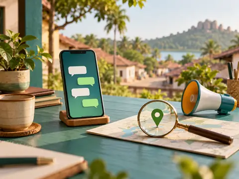 A smartphone with chat bubbles, a magnifying glass over a map pin and a small megaphone