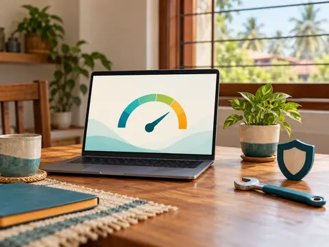 A laptop showing a speed gauge beside a shield, a wrench and a small potted plant