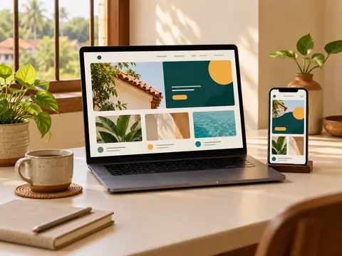 A laptop and phone showing a clean website layout in teal and amber on a cream desk